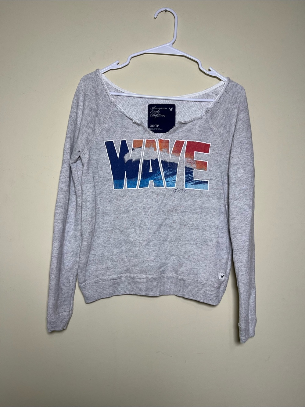 American Eagle ‘Wave' Graphic Pullover Sweatshirt French Terry Gray Womens XS